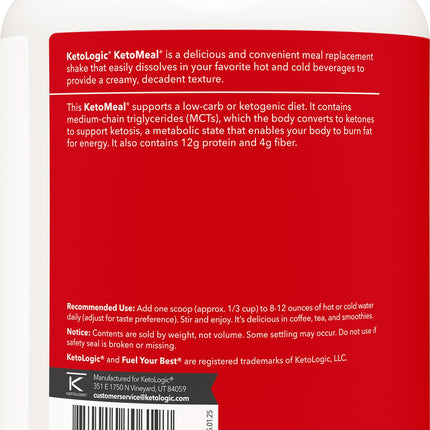 KetoLogic KetoMeal Shake with MCT Oil — 70:30 Ketogenic Macros, 20 Servings, Chocolate
