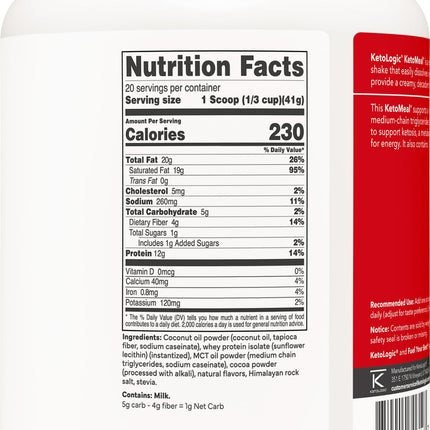 KetoLogic KetoMeal Shake with MCT Oil — 70:30 Ketogenic Macros, 20 Servings, Chocolate