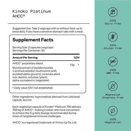 Quality of Life Kinoko Platinum AHCC 750mg – Immune Support & NK Cell Activity | 60 Veggie Capsules