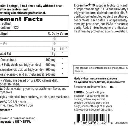 Klaire Labs SFI Health Eicosamax TG Fish Oil – EPA 360 mg / DHA 240 mg per Softgel – 120 Softgels (Lemon)