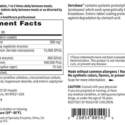 Klaire Labs SFI Health Serralase - Vegetarian Proteolytic Enzyme Blend with Serratia Peptidase & Bromelain for Digestion, Sourced from Papaya & Pineapple, Hypoallergenic (90 Enteric Coated Tablets)