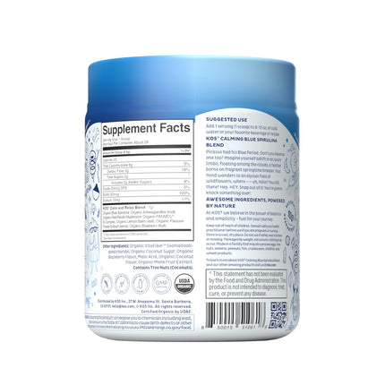 KOS Calming Blue Spirulina Blend - USDA Organic Algae Superfood Powder with Ashwagandha, Lemon Balm, Reishi - Berry Coconut Cooler, 28 Servings