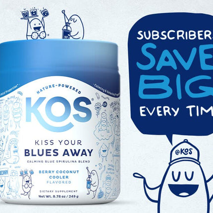 KOS Calming Blue Spirulina Blend - USDA Organic Algae Superfood Powder with Ashwagandha, Lemon Balm, Reishi - Berry Coconut Cooler, 28 Servings