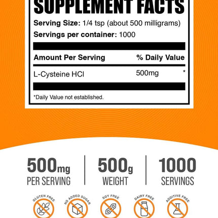 L-Cysteine HCl Powder (NAC) – 500mg/Serving, 500g | Gluten Free | BulkSupplements