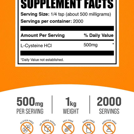 L-Cysteine HCl Powder (NAC) – BulkSupplements, 1kg, 500mg per Serving, Gluten Free