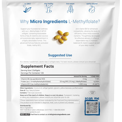 L Methylfolate 15mg with B6 + Methyl B12 | 240 Softgels with Coconut Oil | 3-in-1 Active Folate & B Vitamin Complex