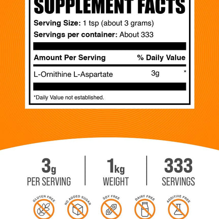 BulkSupplements L-Ornithine L-Aspartate Powder – 3 g Serving, 1 kg, Gluten Free