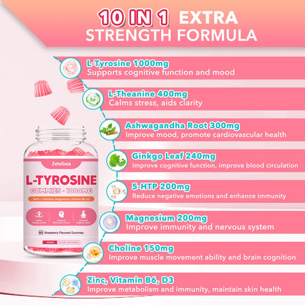 L Tyrosine Gummies 2-Pack – 10-in-1 L-Tyrosine + L-Theanine, B6 & D3 (Strawberry, 120 Ct)