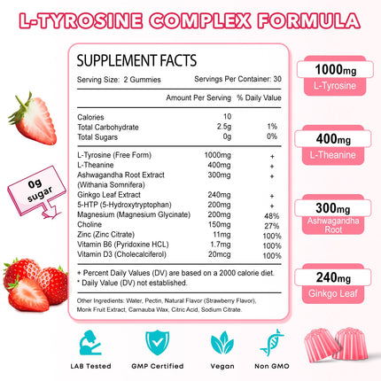 L Tyrosine Gummies 2-Pack – 10-in-1 L-Tyrosine + L-Theanine, B6 & D3 (Strawberry, 120 Ct)