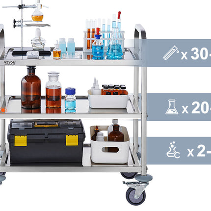 VEVOR Stainless Steel Cart 3/2/1 Layers Lab Utility Cart Medical Cart W/ Lockable Universal Wheels for Lab Clinic Kitchen Salon