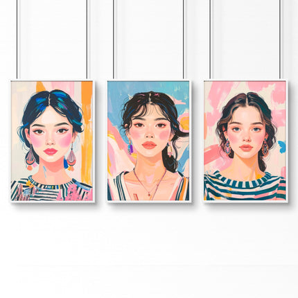 Large Framed Pictures | Set of 3 Boho Women Wall art Prints