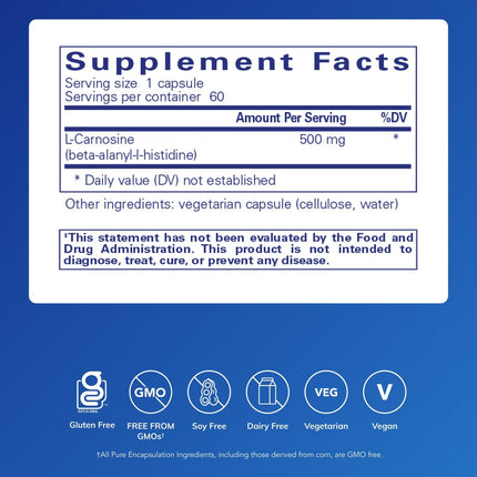 Pure Encapsulations L-Carnosine | Amino Acid Support for Joints, Brain & Heart Health | 60 Capsules
