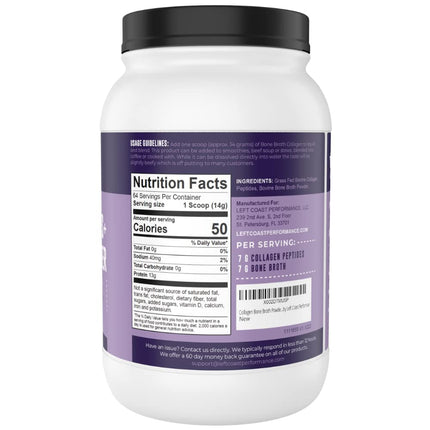 Left Coast Performance Collagen Bone Broth Powder – Grass-Fed, Unflavoured, 2lb (64 Servings)