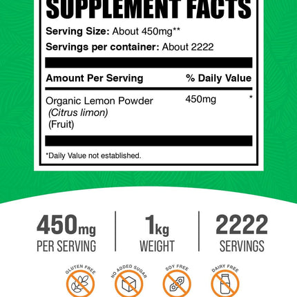 BulkSupplements.com Organic Lemon Powder - Natural Vitamin C Source, Fruit Powder, Lemon Flavoring - Gluten Free, 450mg per Serving, 1kg (2.2 lbs) (Pack of 1)
