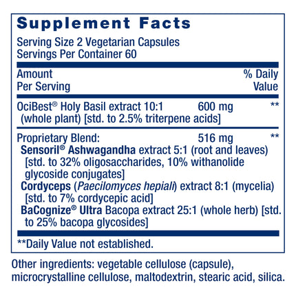 Life Extension Adrenal Energy Formula – Stress Support with Holy Basil, Ashwagandha, Cordyceps & Bacopa, 120 Vegetarian Capsules