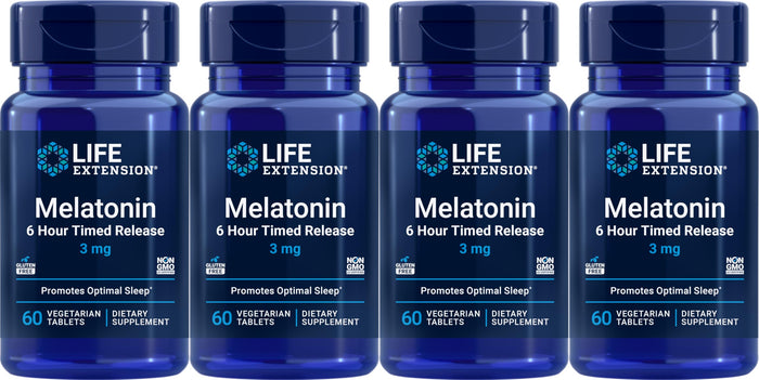 Life Extension Melatonin 6 Hour Timed Release 3 mg | 60 Vegetarian Tablets (Pack of 4) - Sleep Support