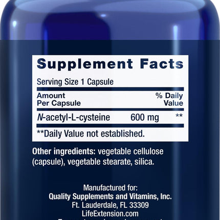 Life Extension N-Acetyl-L-Cysteine (NAC) 600mg – 300 Capsules (Pack of 2) | Immune & Liver Support