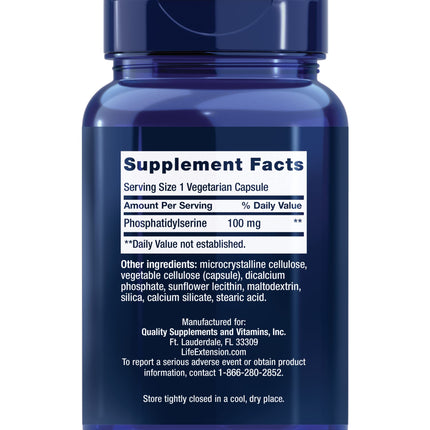 Life Extension PS Caps, phosphatidylserine, for Cognitive Performance, Gluten-Free, Non-GMO, Vegetarian, 100 Capsules