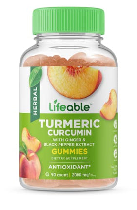 Lifeable Turmeric Curcumin with Ginger & Black Pepper Extract – 2000mg per Serving, 90 Gummies (Pack of 2) – Great Tasting Peach Flavor, Vegetarian & Non-GMO