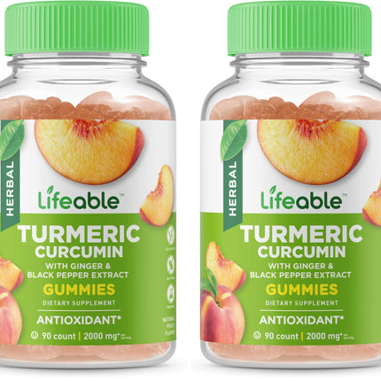 Lifeable Turmeric Curcumin with Ginger & Black Pepper Extract – 2000mg per Serving, 90 Gummies (Pack of 2) – Great Tasting Peach Flavor, Vegetarian & Non-GMO