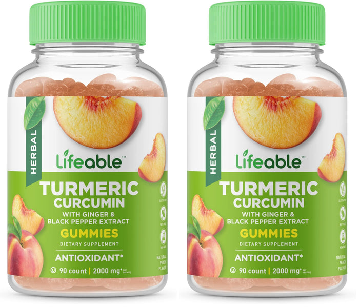 Lifeable Turmeric Curcumin with Ginger & Black Pepper Extract – 2000mg per Serving, 90 Gummies (Pack of 2) – Great Tasting Peach Flavor, Vegetarian & Non-GMO