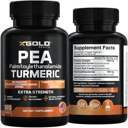 X Gold Health Pea PEA + Turmeric Curcumin Complex – 1600mg Micronized, 99% PEA & 95% Curcuminoids – Joint Support, Mobility & Comfort – Made in USA