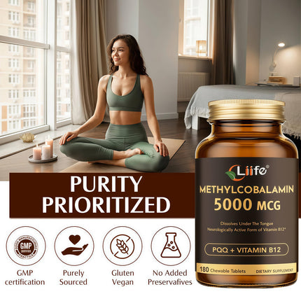 LIIFE Methylcobalamin (PQQ+Vitamin B12) 5000 MCG | 180 Chewable Tablets | Energy & Brain Health - Gluten Free