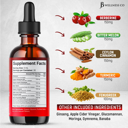 Berberine with Ceylon Cinnamon Liquid Drops – Bitter Melon, Gymnema, Glucomannan, Chromium, Turmeric, Ginseng, Moringa (4 OZ)