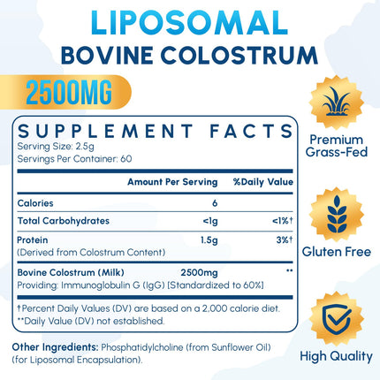 Liposomal Bovine Colostrum Powder 2500 mg | 60 Servings | Higher Absorption
