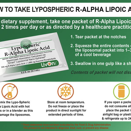 LivOn Liposomal R-Alpha Lipoic Acid – 226 mg Per Packet | 30 Packets | 2-Pack