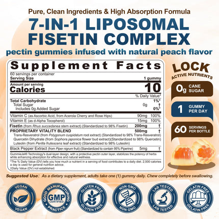 Liposomal Fisetin 200mg & Resveratrol 500mg Gummies – Longevity & Cellular Renewal | 1-A-Day, 60 Gummies