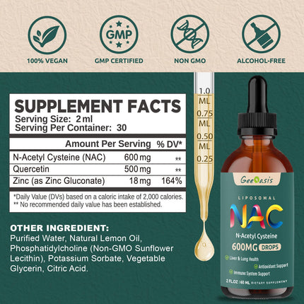 Liposomal NAC Liquid Drops 600 mg with Quercetin & Zinc – Immune, Lung & Liver Support (2x2 oz)