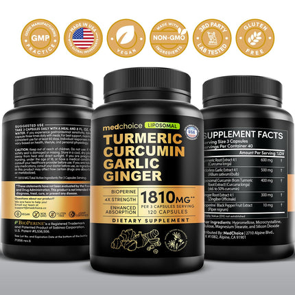 Liposomal Turmeric - High-Absorption Curcumin with Black Pepper (120ct) | Non-GMO