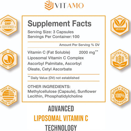 Vitamo Liposomal Vitamin C 2000mg | High-Absorption Immune Support & Skin Health | 300 Capsules