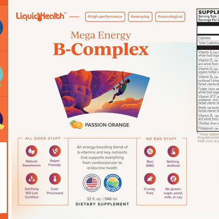 LIQUIDHEALTH Mega Energy Methylated B-Complex – Adult Liquid Vitamin (USA Made, Vegan)