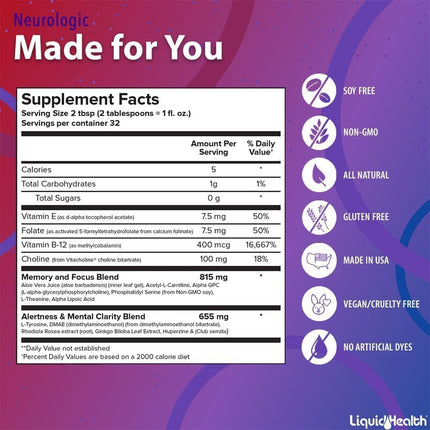LIQUIDHEALTH Neurologic Focus – Brain Booster Nootropic (USA Made, 3 Pack)