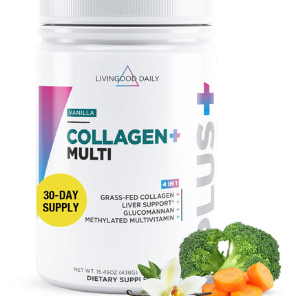 Livingood Daily Collagen Powder Vanilla – Grass-Fed, Vitamin C & Multivitamins, Gluten Free, 30 Servings