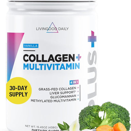 Livingood Daily Collagen Powder Vanilla – Grass-Fed, Vitamin C & Multivitamins, Gluten Free, 30 Servings