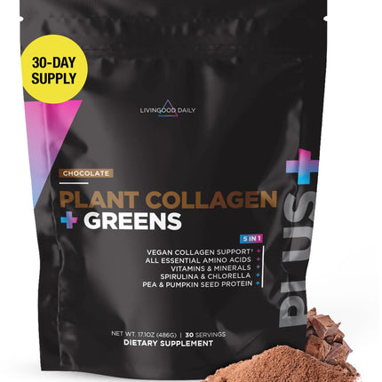 Livingood Daily Plant Collagen + Greens Powder - Chocolate | Vegan 5-in-1 Collagen Support