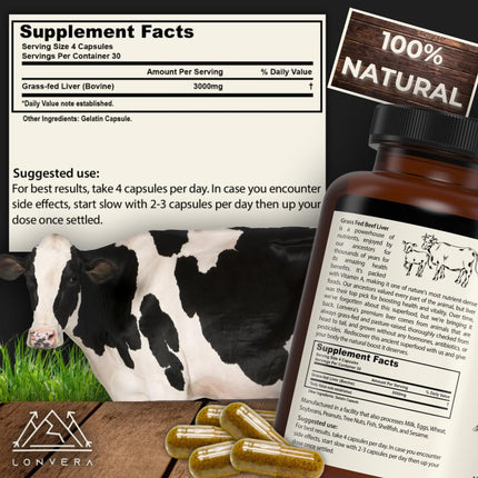 Lonvera Grass-Fed Beef Liver Capsules – 3000mg Freeze-Dried Desiccated Organs for Energy, Joints & Skin