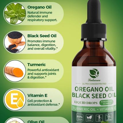 Lukaree 4-in-1 Oil of Oregano with Black Seed Oil – 80% Carvacrol, 2 oz, 2-Pack (Vegan, Non-GMO)