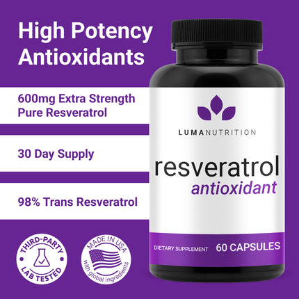 Luma Nutrition Resveratrol 98% Trans-Resveratrol – 600mg, 60 Caps, Vegan & Gluten-Free