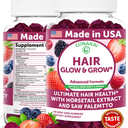 Lunakai USA Made Hair Gummies – Biotin, Zinc & Horsetail | Hair Growth Vitamins 60ct