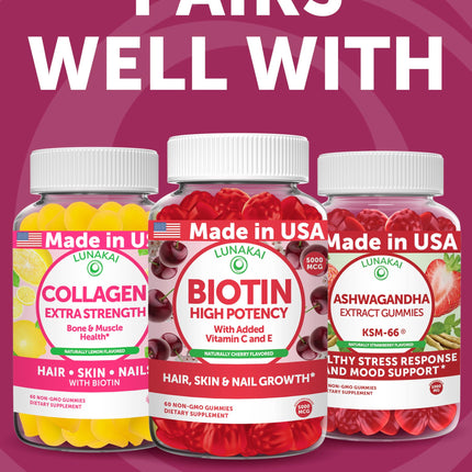 Lunakai USA Made Hair Gummies – Biotin, Zinc & Horsetail | Hair Growth Vitamins 60ct