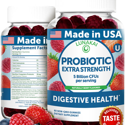 Lunakai Probiotic Gummies – 5 Billion CFUs, USA Made, Vegan, Non-GMO, Gluten-Free | Digestive & Immune Support – 60 Gummies
