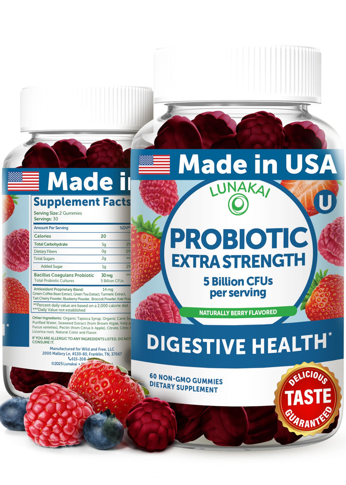 Lunakai Probiotic Gummies – 5 Billion CFUs, USA Made, Vegan, Non-GMO, Gluten-Free | Digestive & Immune Support – 60 Gummies