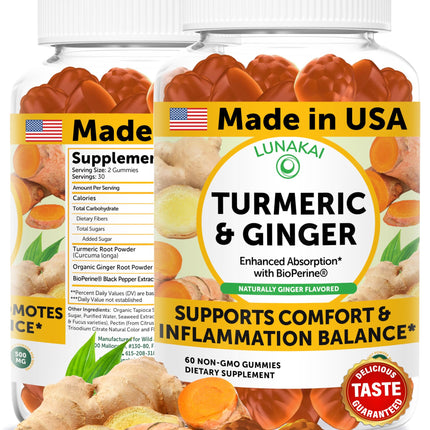 Lunakai USA Made Turmeric Gummies with Ginger & BioPerine – High Absorption, Joint & Immune Support (60ct)