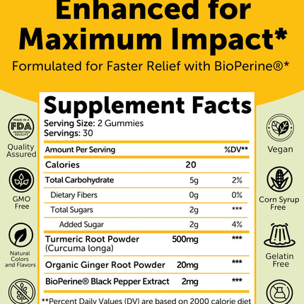 Lunakai USA Made Turmeric Gummies with Ginger & BioPerine – High Absorption, Joint & Immune Support (60ct)