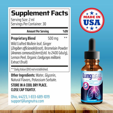 Lung Clear Pro: Lung Support Drops with Wild Mullein Leaf Extract – 2 Fl Oz (3 Bottles)