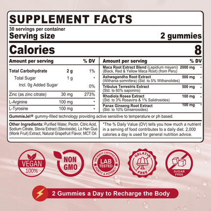 Maca Root Filled Gummies 2000mg for Women & Men – Sugar Free, Ashwagandha & Zinc | Grapefruit Flavor (60 Count)